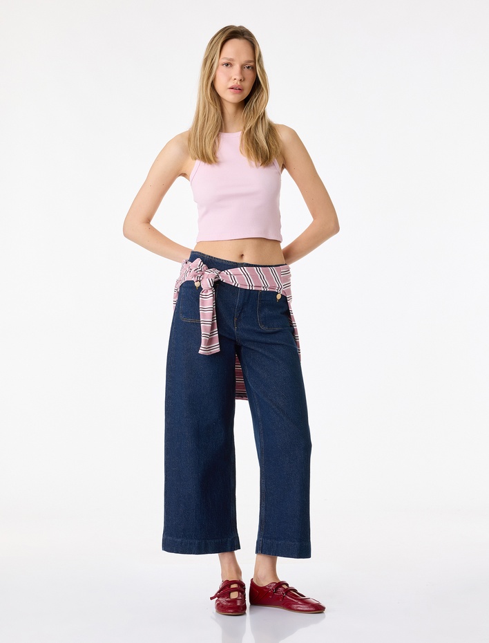  Pamuklu Cepli Normal Bel Culotte Pantolon - Culotte Jeans