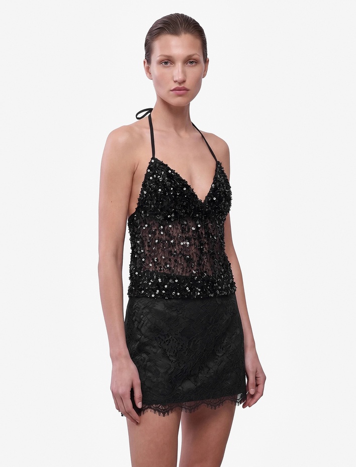  Pullu Payetli Slim Fit İp Askılı Boyundan Bağlamalı Bluz
