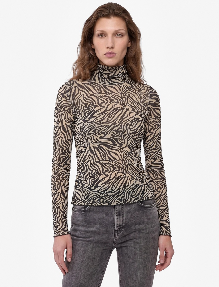  Slim Fit Uzun Kollu Yarı Transparan Dik Yaka Zebra Desenli Bluz
