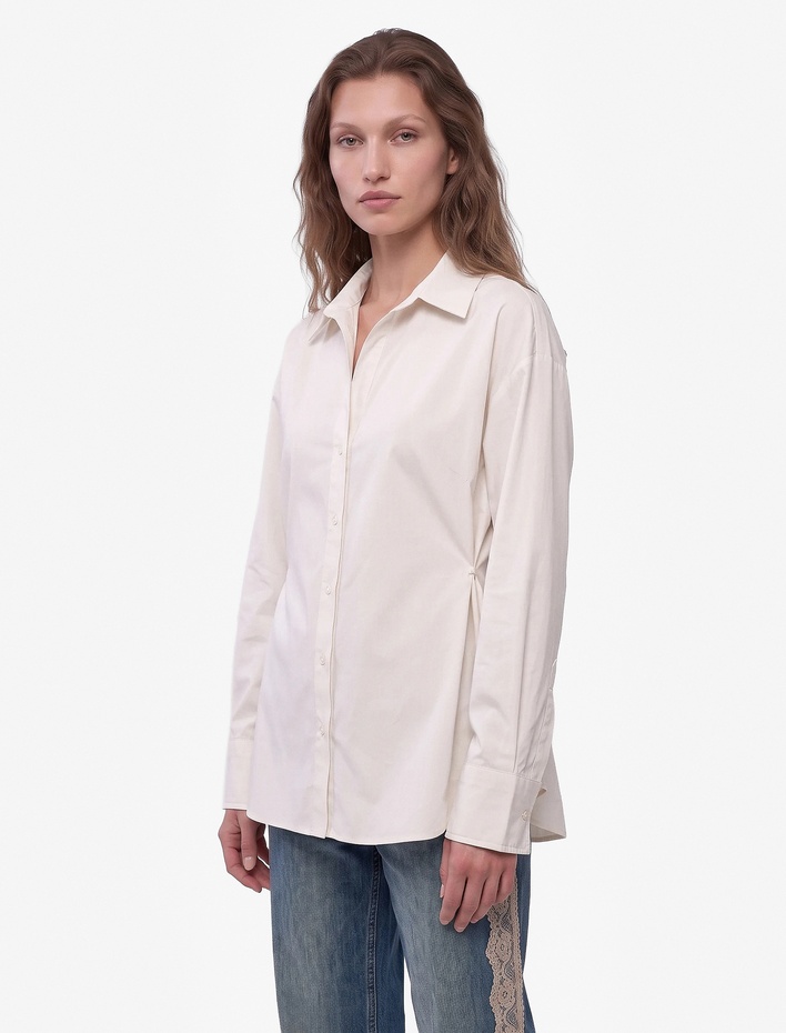  Pamuklu Klasik Yaka Uzun Kollu Oversize Poplin Gömlek