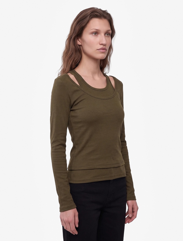  Pamuklu Slim Fit Bisiklet Yaka Katmanlı Uzun Kollu Basic Kaşkorse Tişört