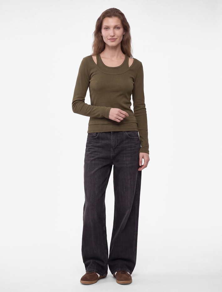 Pamuklu Slim Fit Bisiklet Yaka Katmanlı Uzun Kollu Basic Kaşkorse Tişört