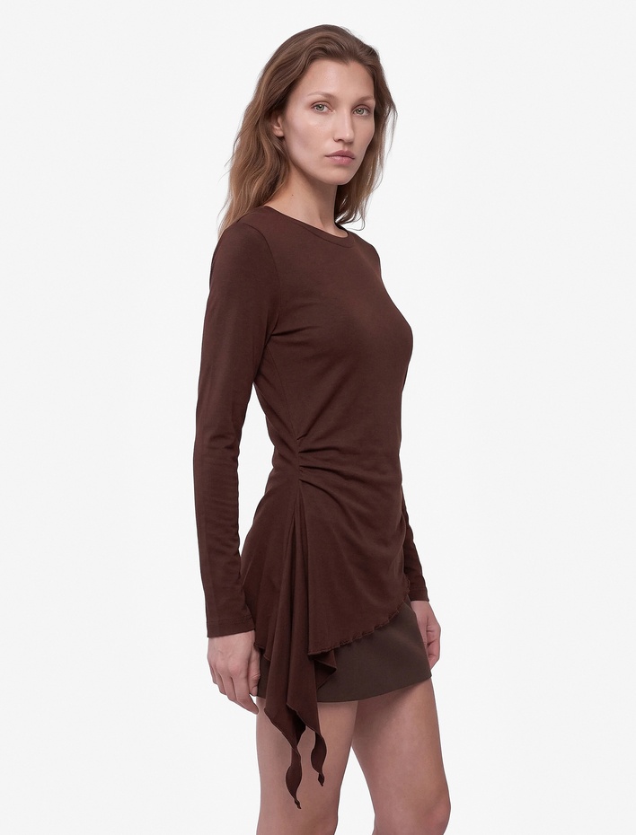  Pamuklu Bisiklet Yaka Uzun Kollu Slim Fit Drapeli Asimetrik Bluz