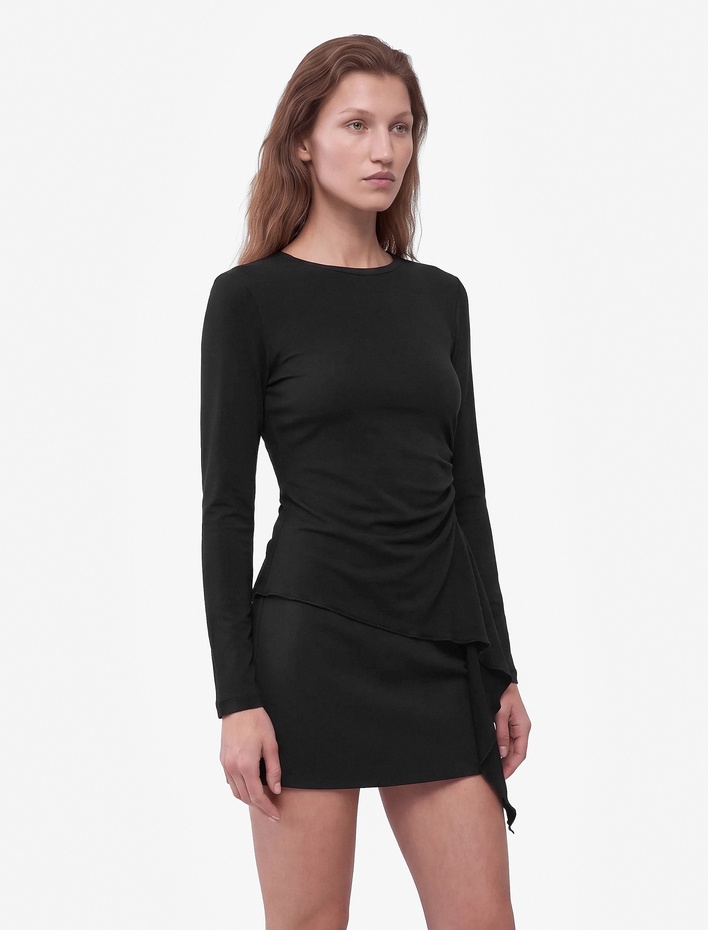  Pamuklu Bisiklet Yaka Uzun Kollu Slim Fit Drapeli Asimetrik Bluz