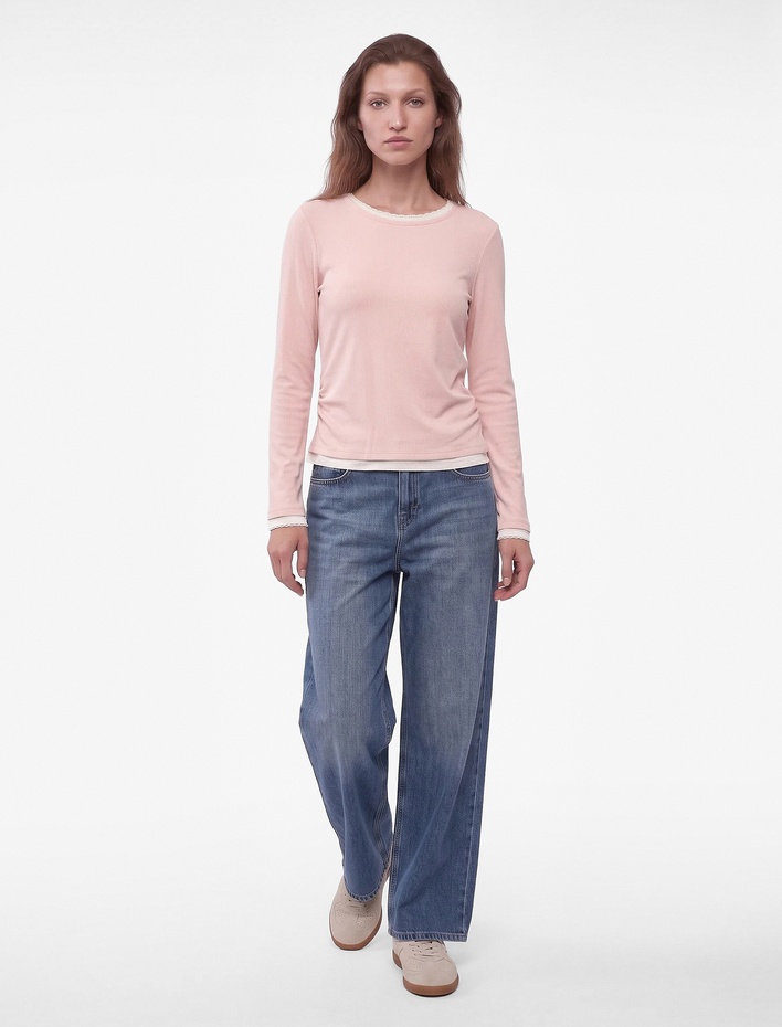  Slim Fit Viskon Kumaş Büzgülü Katmanlı Bisiklet Yaka Uzun Kollu Kaşkorse Tişört