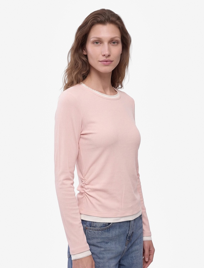  Slim Fit Viskon Kumaş Büzgülü Katmanlı Bisiklet Yaka Uzun Kollu Kaşkorse Tişört