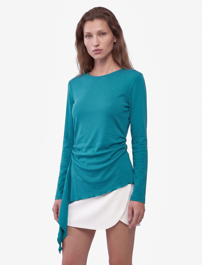  Pamuklu Bisiklet Yaka Uzun Kollu Slim Fit Drapeli Asimetrik Bluz