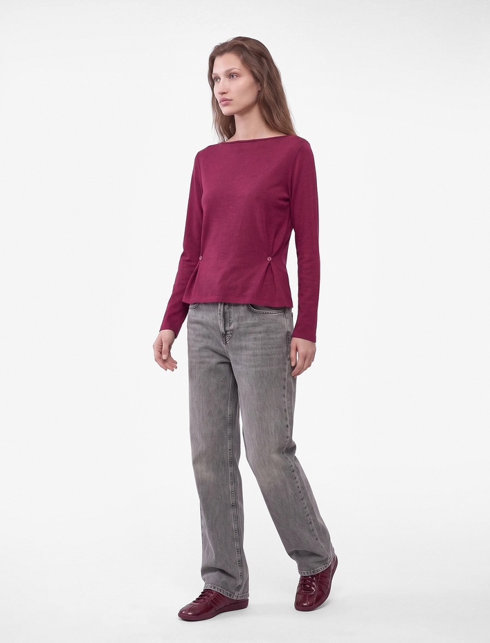  Slim Fit Yün Karışımlı Yuvarlak Yaka Yan Düğmeli Uzun Kollu Tişört