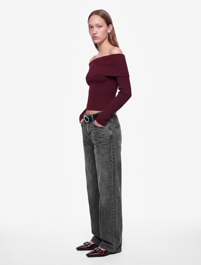  Slim Fit Uzun Kollu Madonna Yaka Triko Omzu Açık Kazak