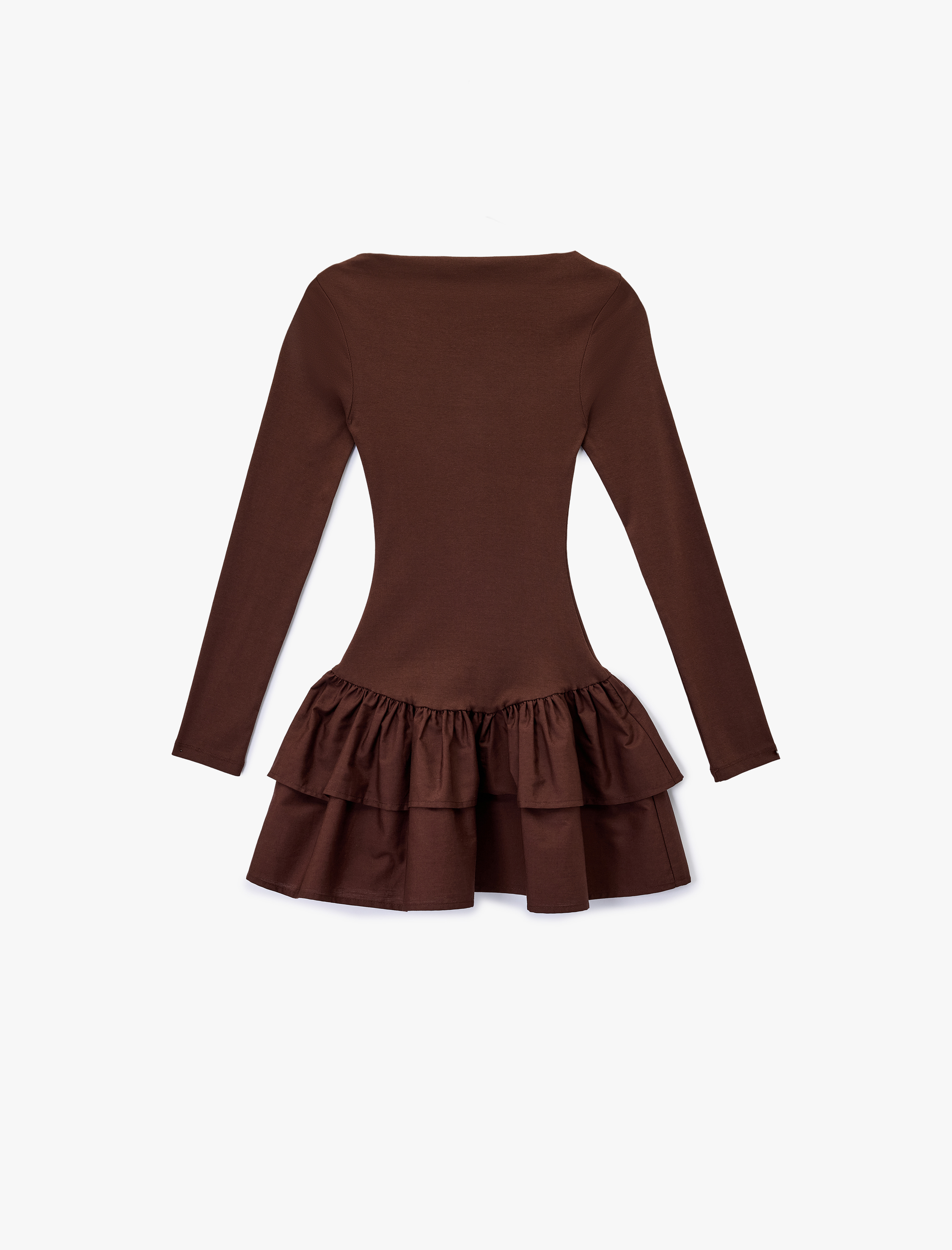   Slim Fit Bisiklet Yaka Uzun Kollu Katlı Volanlı Mini Bodycon Elbise