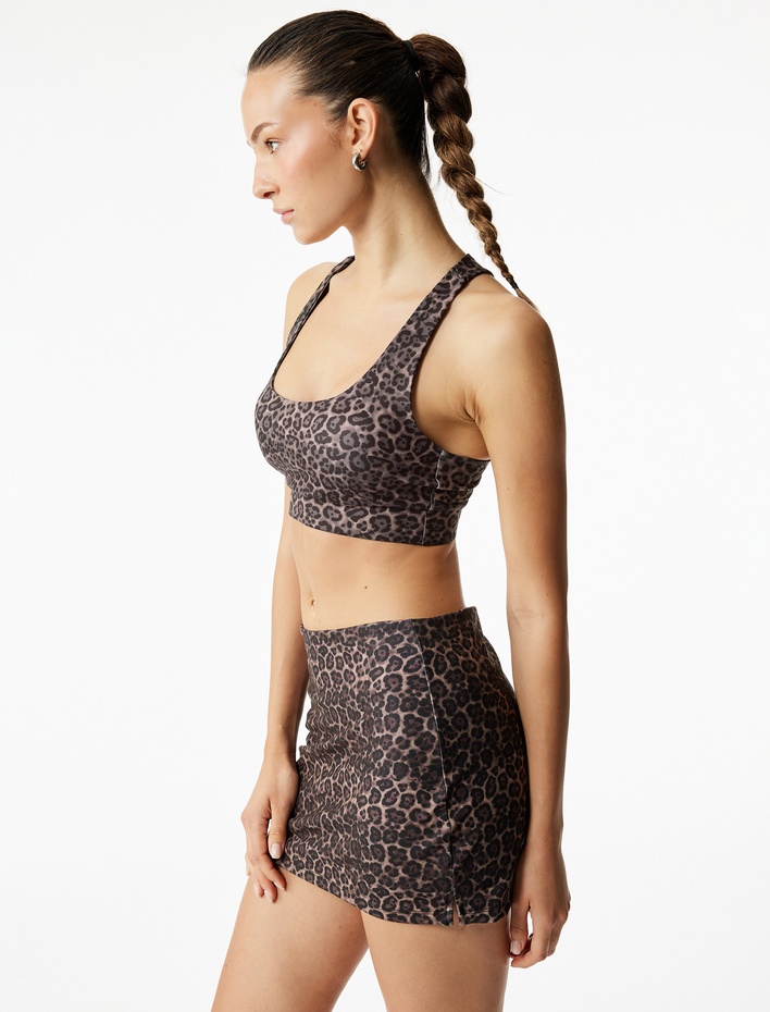  Yüksek Bel Slim Fit Leopar Desenli Mini Spor Şort Etek
