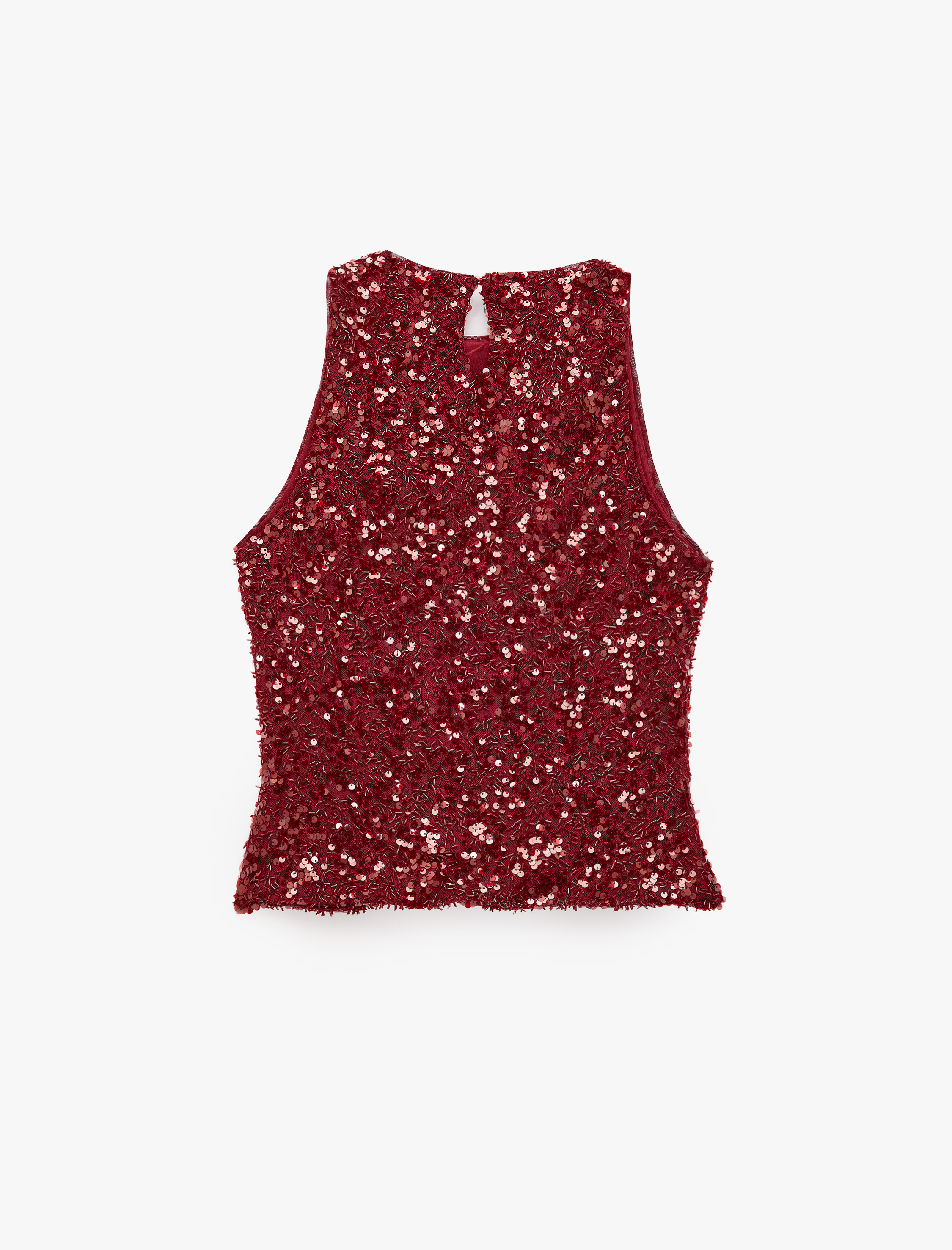   Pullu Payetli Bisiklet Yaka Hafif Peplum Kolsuz Abiye Bluz