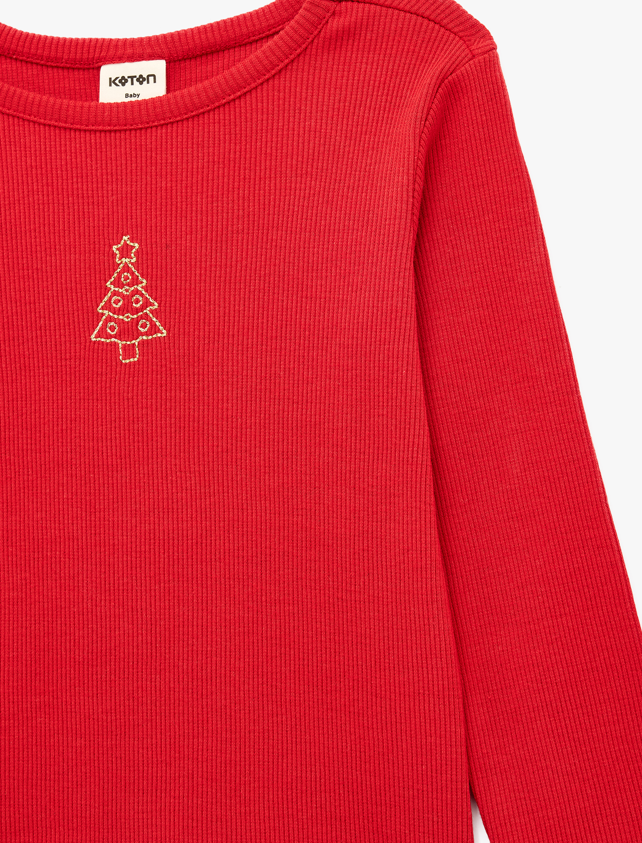  Kız Bebek Nakış Detaylı Slim Fit Pamuklu Kaşkorse Bisiklet Yaka Uzun Kollu Tişört