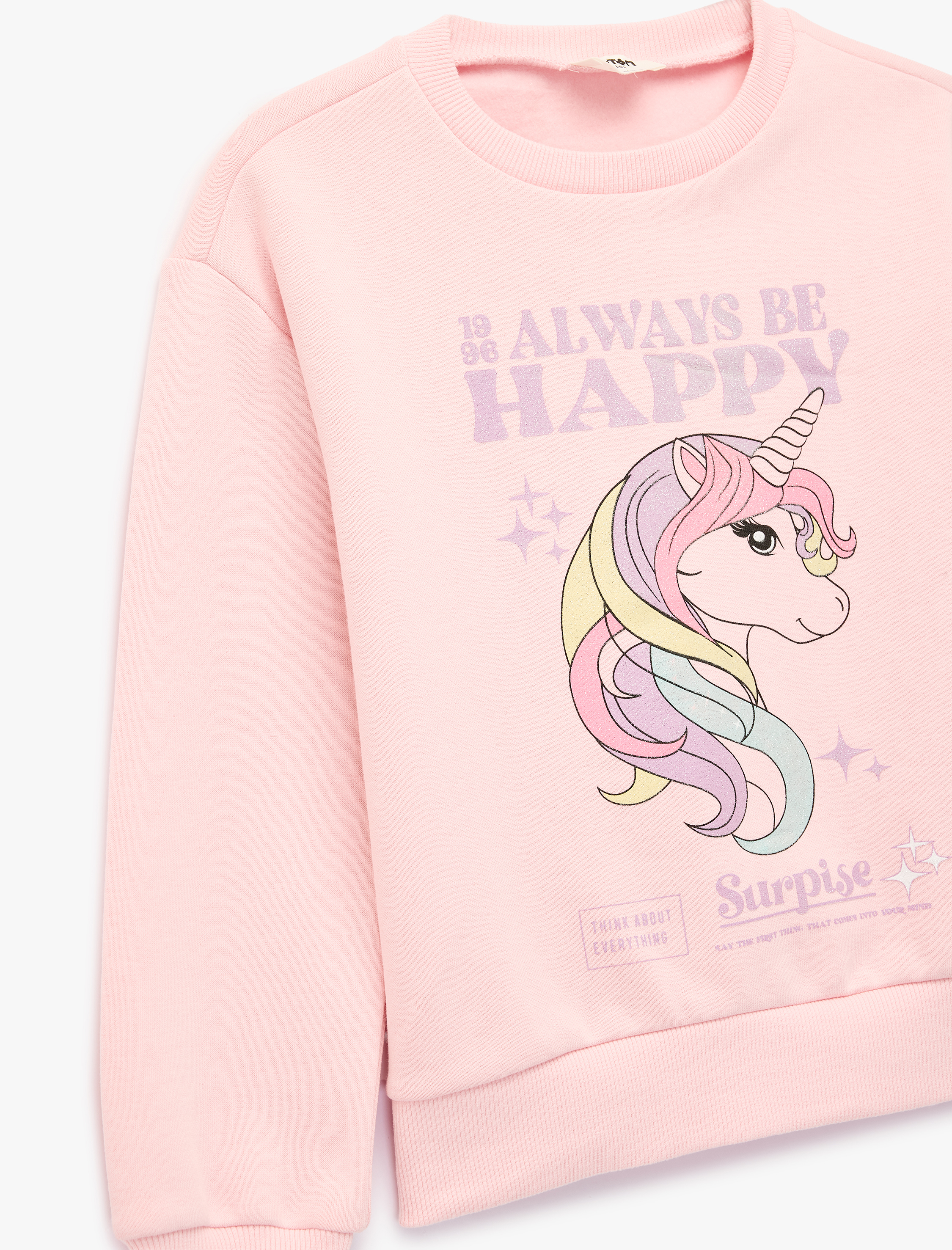  Kız Çocuk Simli Şardonlu Uzun Kollu Bisiklet Yaka Unicorn Baskılı Sweatshirt