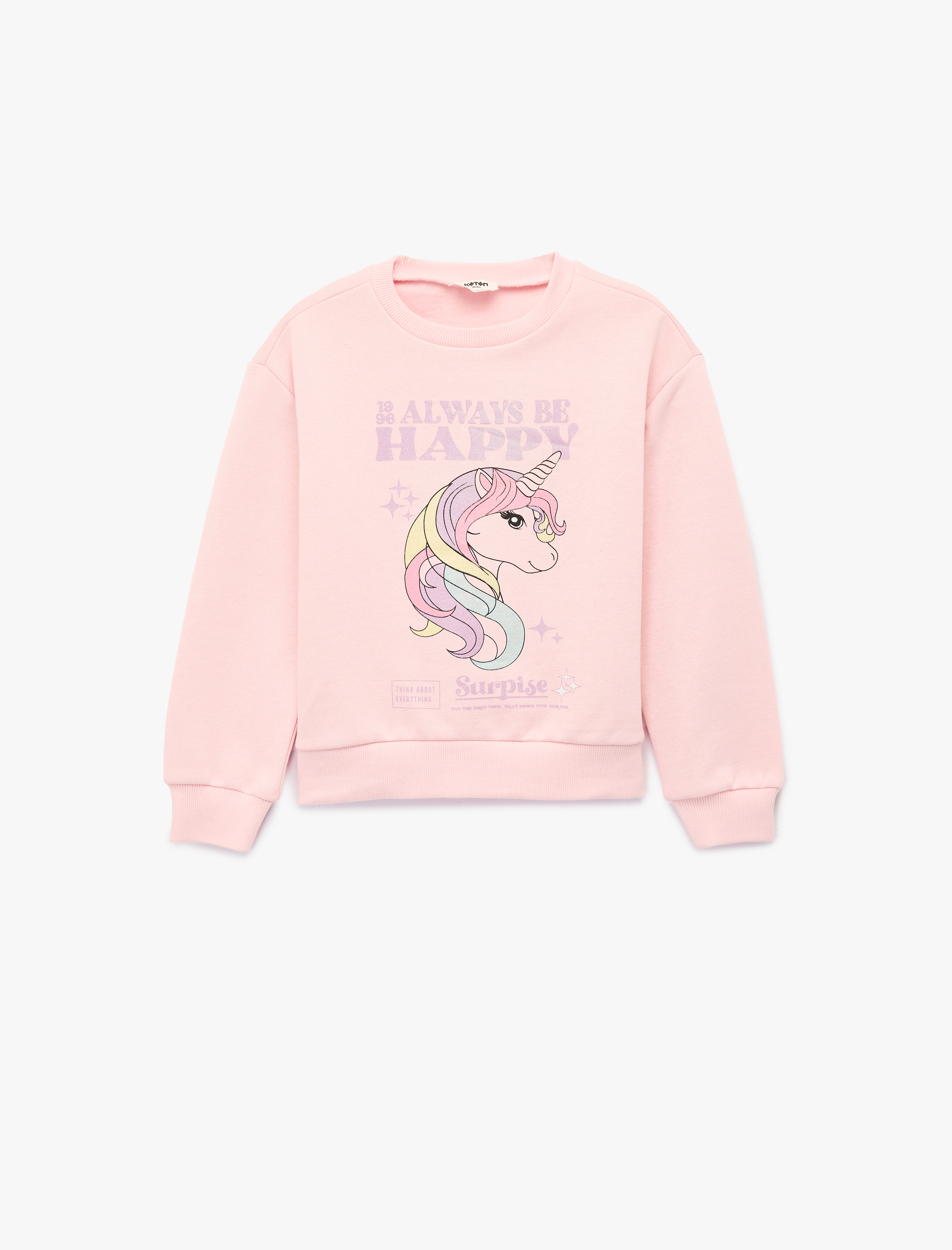  Kız Çocuk Simli Şardonlu Uzun Kollu Bisiklet Yaka Unicorn Baskılı Sweatshirt