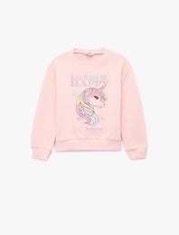 Simli Şardonlu Uzun Kollu Bisiklet Yaka Unicorn Baskılı Sweatshirt
