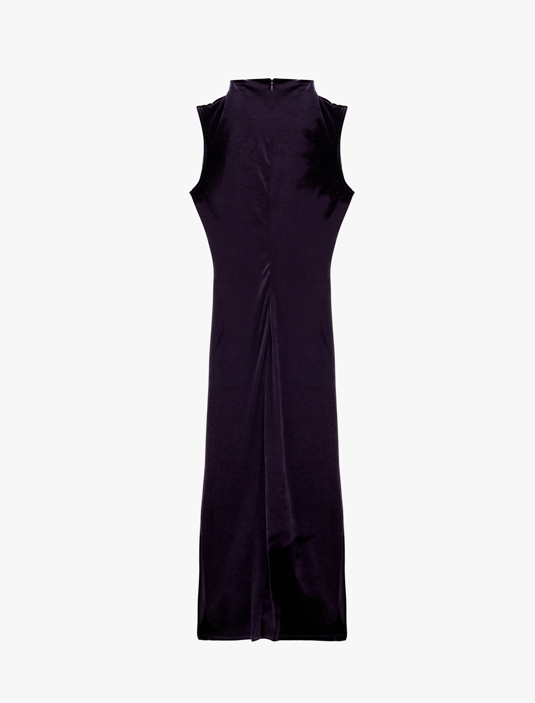   Slim Fit Yırtmaçlı Drapeli Kolsuz Dik Yaka Uzun Kadife Elbise