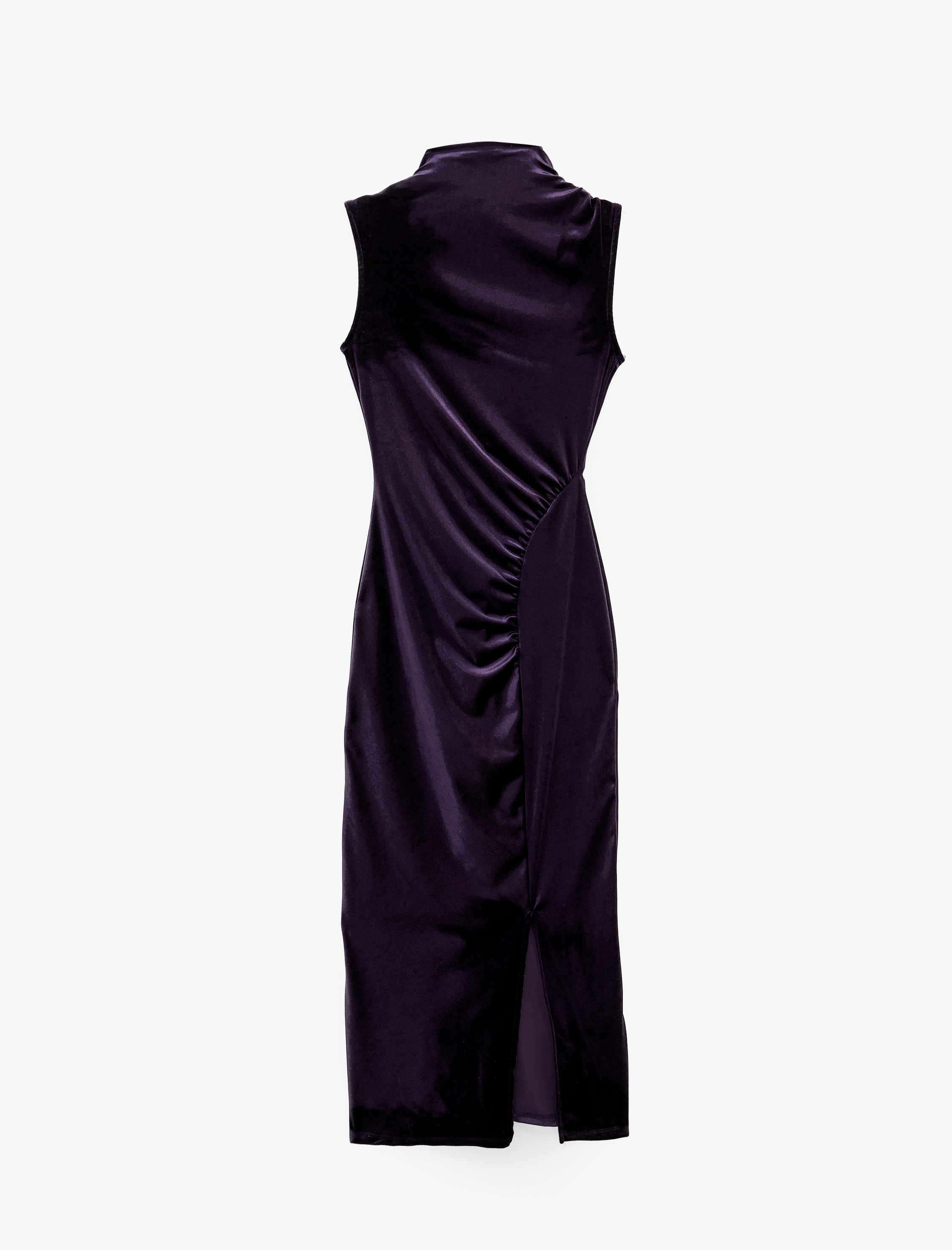   Slim Fit Yırtmaçlı Drapeli Kolsuz Dik Yaka Uzun Kadife Elbise