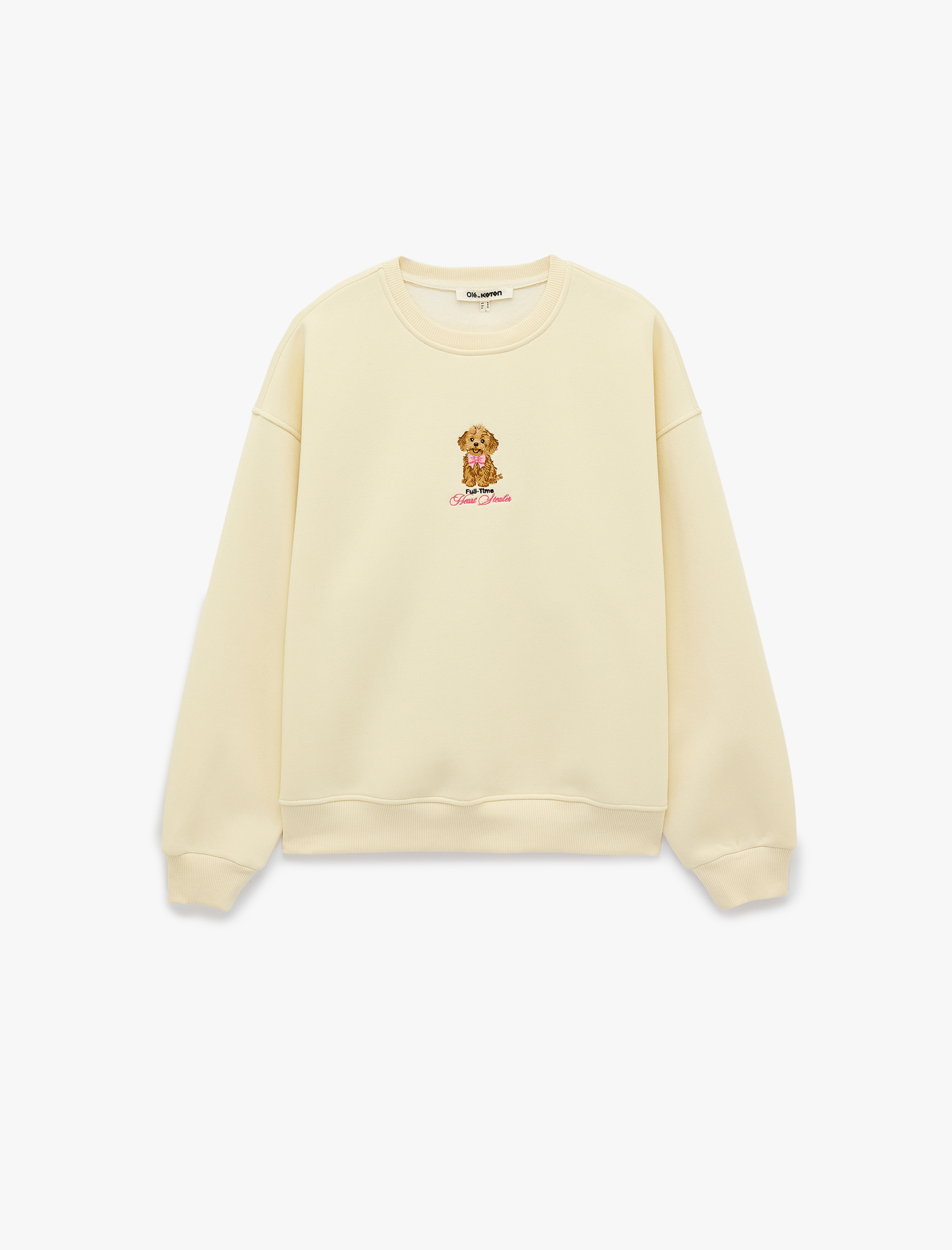   Köpek Nakışlı Rahat Kalıp Şardonlu Bisiklet Yaka Uzun Kollu Sweatshirt