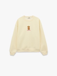 Köpek Nakışlı Rahat Kalıp Şardonlu Bisiklet Yaka Uzun Kollu Sweatshirt