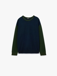 Renk Kontrastlı Uzun Kollu Bisiklet Yaka Sweatshirt
