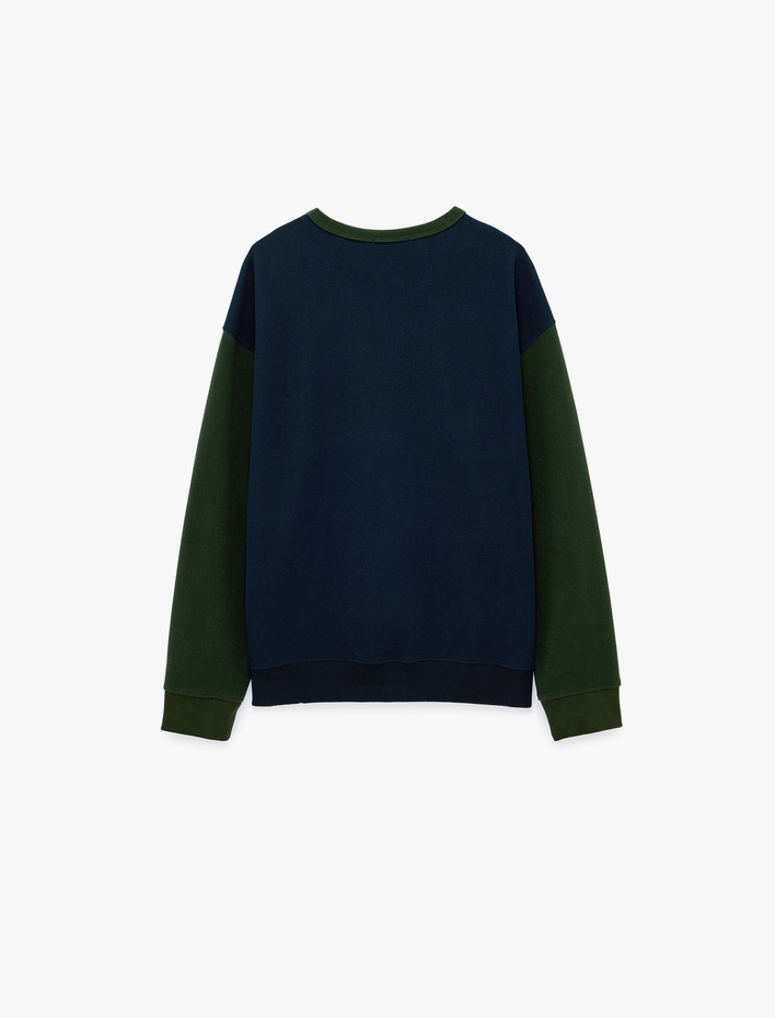  Renk Kontrastlı Uzun Kollu Bisiklet Yaka Sweatshirt