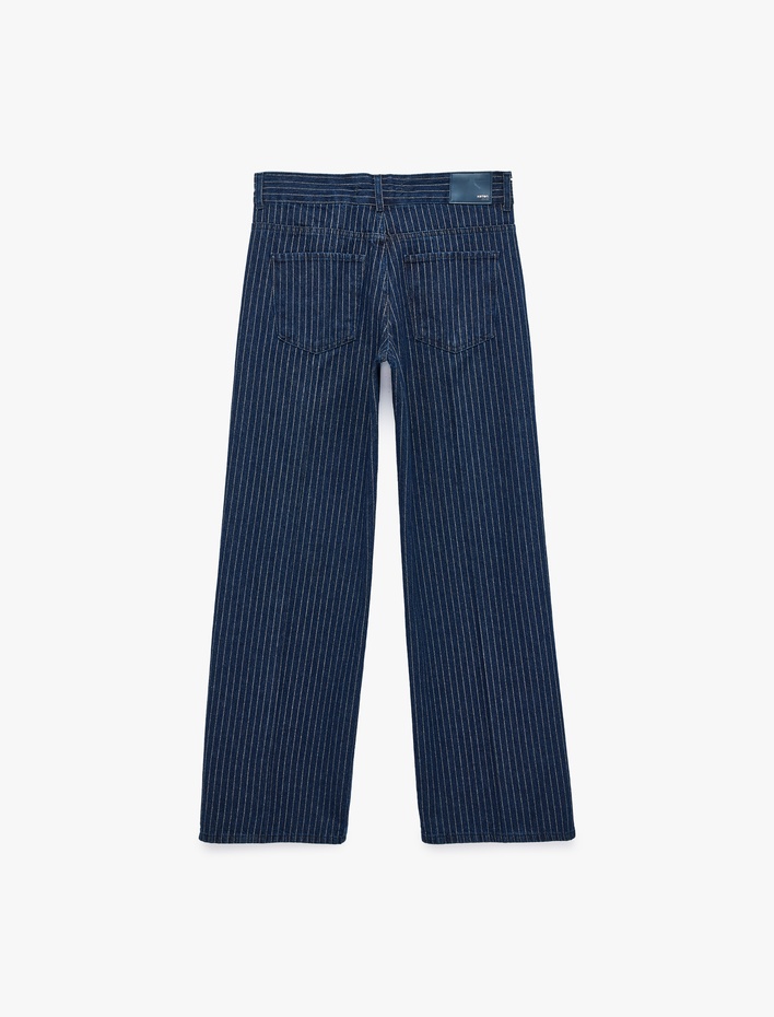  Düşük Bel Düğmeli Cepli Çizgili Simli Baggy Denim Pantolon - Baggy Jeans