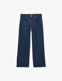 Düşük Bel Düğmeli Cepli Çizgili Simli Baggy Denim Pantolon - Baggy Jeans