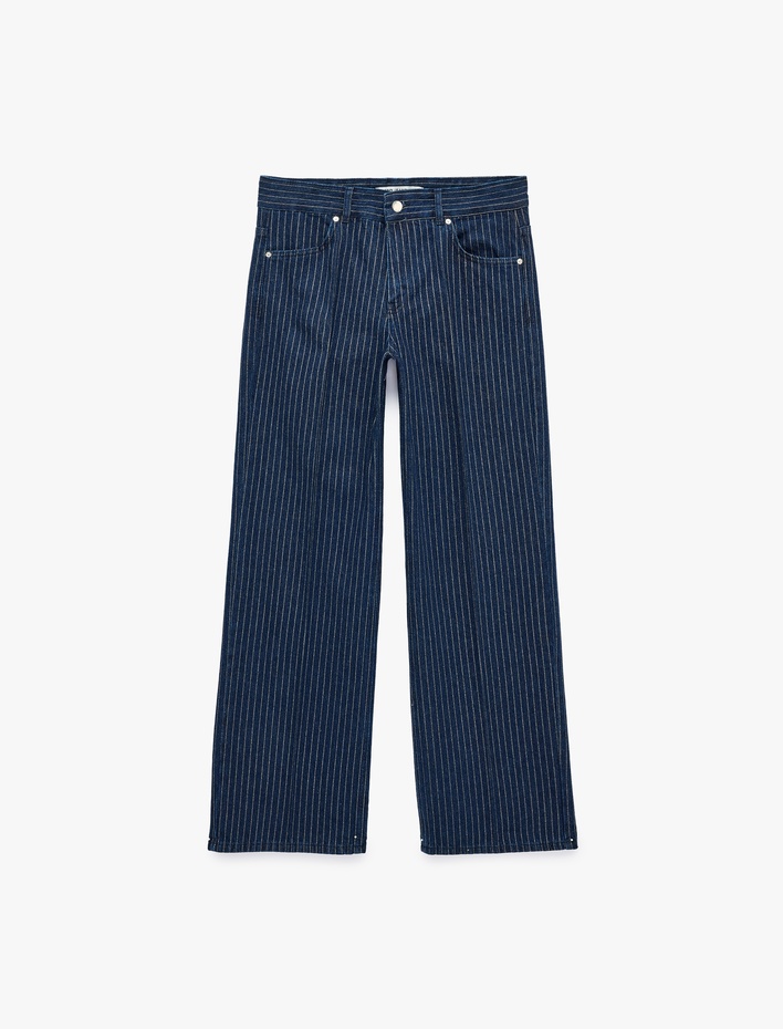  Düşük Bel Düğmeli Cepli Çizgili Simli Baggy Denim Pantolon - Baggy Jeans
