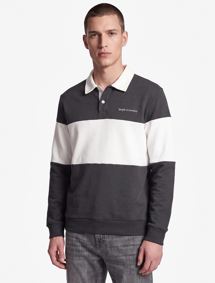  Renk Bloklu Nakışlı Polo Yaka Uzun Kollu Sweatshirt