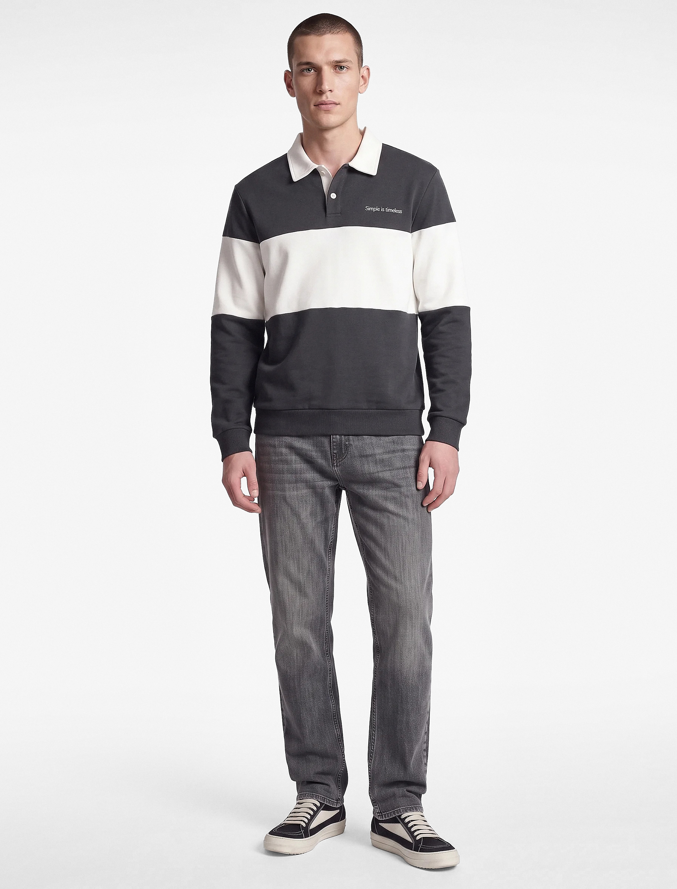   Renk Bloklu Nakışlı Polo Yaka Uzun Kollu Sweatshirt