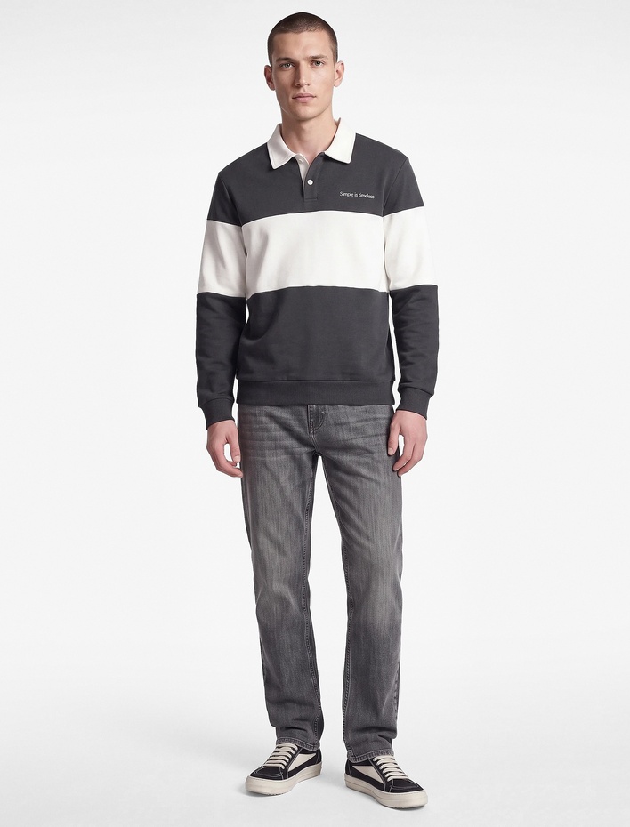  Renk Bloklu Nakışlı Polo Yaka Uzun Kollu Sweatshirt