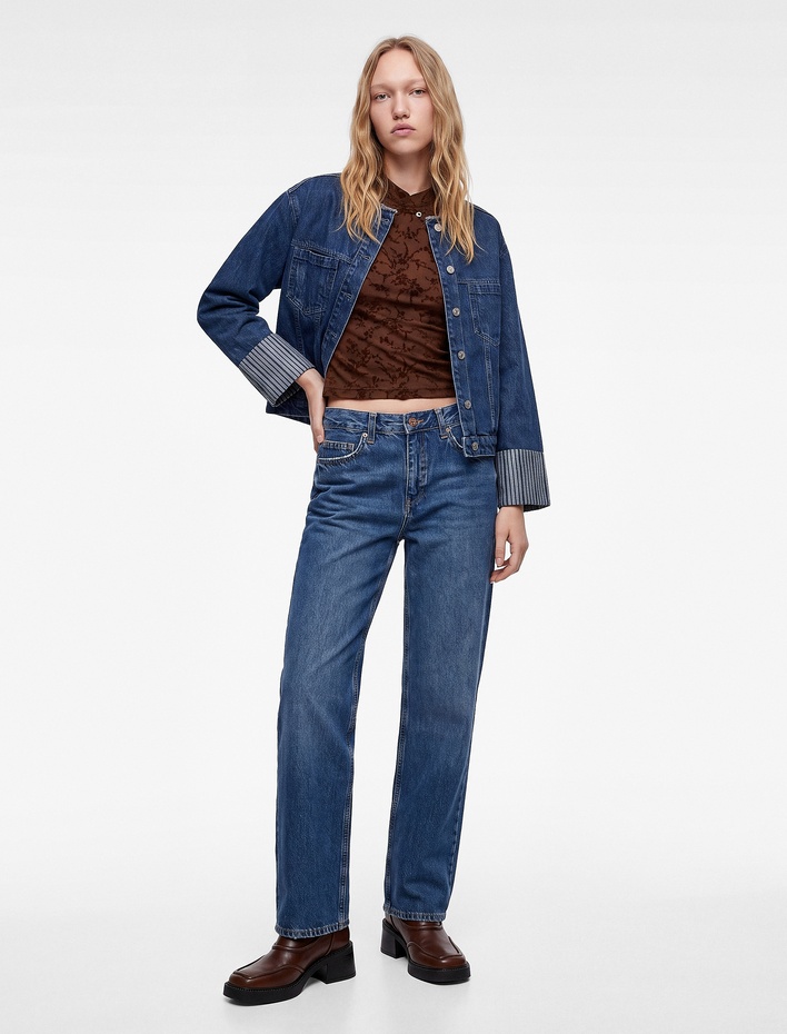  Pamuklu Normal Kesim Düğmeli Düz Paça Yıkamalı Denim Pantolon - Straight Fit Jean