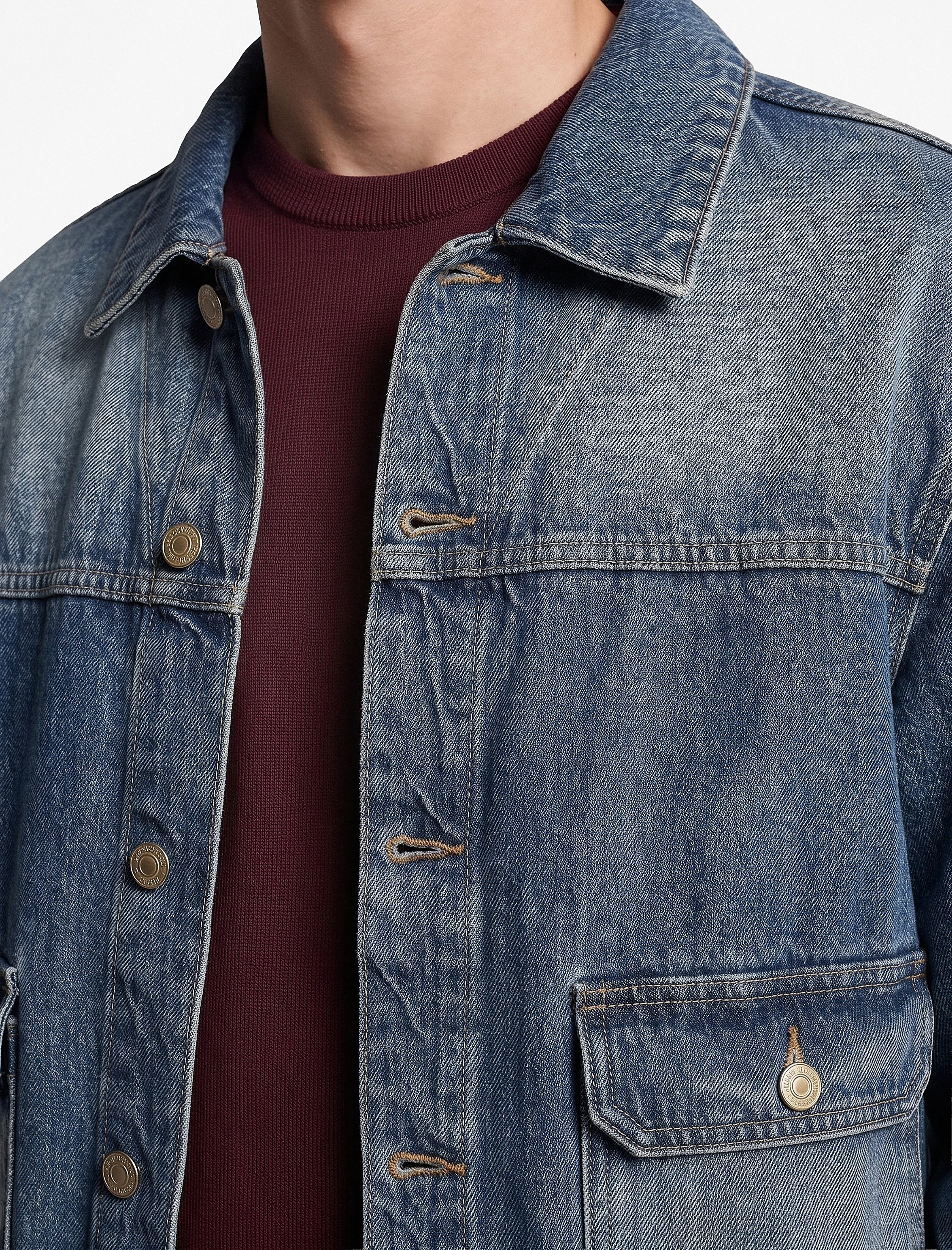   Pamuklu Uzun Kollu Düğmeli Kapaklı Cepli Gömlek Yaka Oversize Jean Ceket