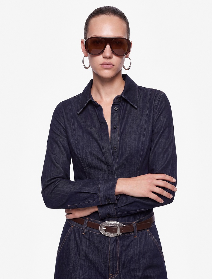  Pamuklu Uzun Kollu Klasik Yaka Düğmeli Peplum Denim Gömlek