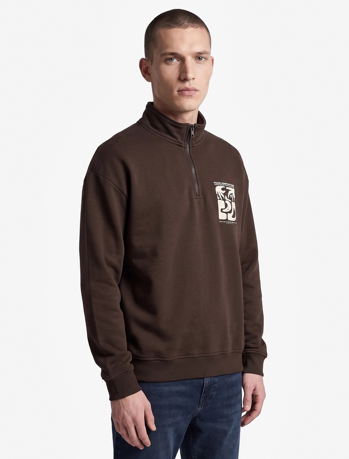  Şardonlu Rahat Kalıp Uzun Kollu Yarım Fermuarlı Arkası Baskılı Sweatshirt