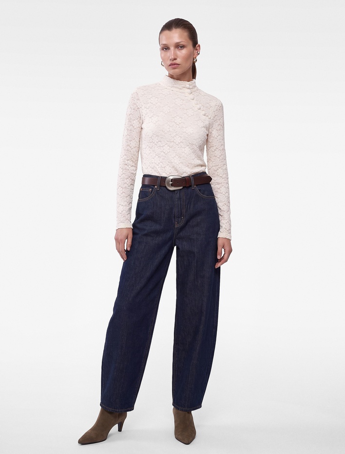  Slim Fit Uzun Kollu Düğmeli Dik Qipao Yaka Transparan Dantel Tişört