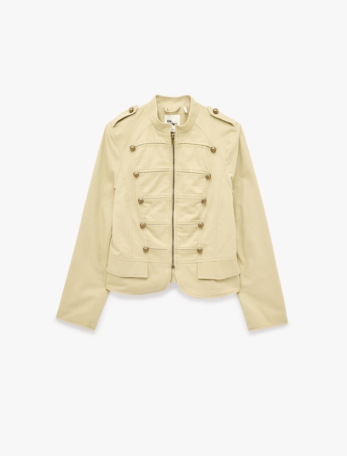  Gabardin Kumaş Metal Düğmeli Slim Fit Fermuarlı Dik Yaka Military Ceket