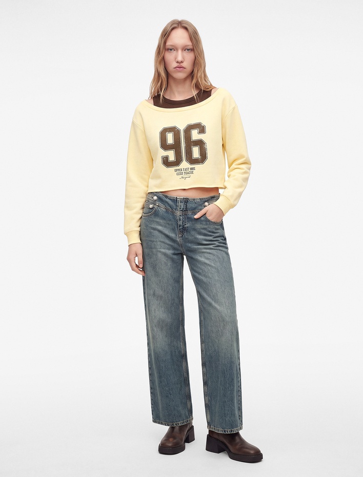  Şardonlu Rahat Kalıp Bisiklet Yaka Uzun Kollu Katmanlı Baskılı Sweatshirt