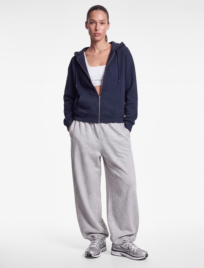  Şardonlu Kanguru Cepli Uzun Kollu Kapüşonlu Fermuarlı Oversize Spor Sweatshirt