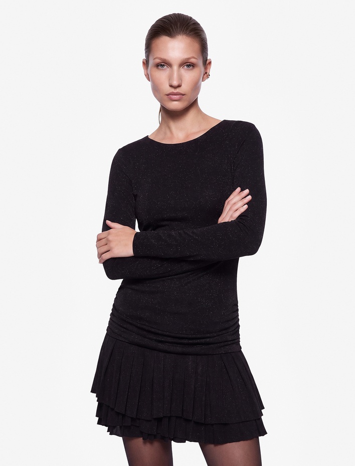  Slim Fit Bisiklet Yaka Uzun Kollu Büzgülü Pileli Parıltılı Mini Elbise