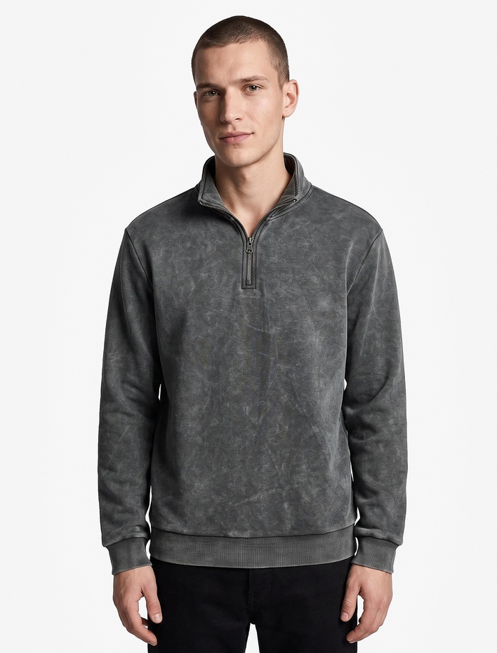  Şardonlu Rahat Kalıp Yıkamalı Uzun Kollu Yarım Fermuarlı Sweatshirt