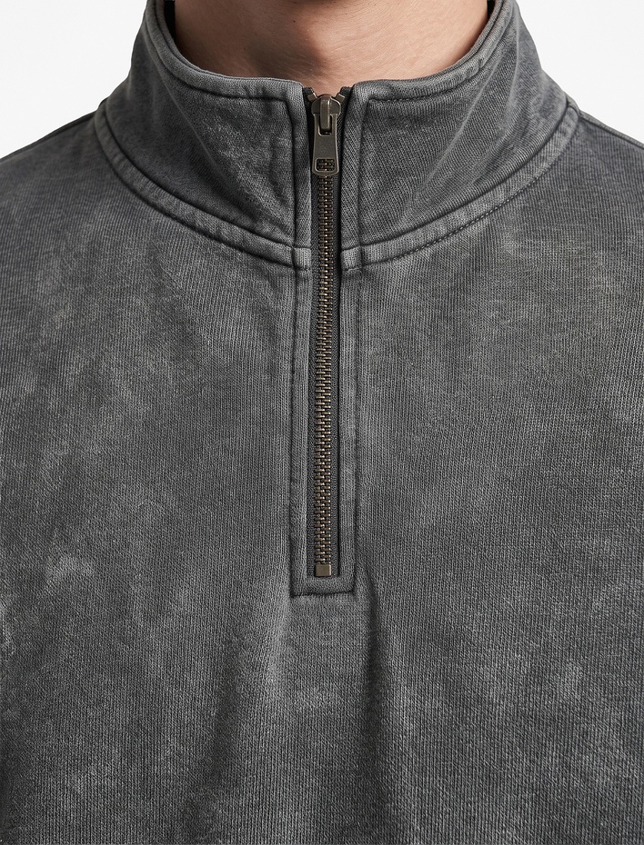  Şardonlu Rahat Kalıp Yıkamalı Uzun Kollu Yarım Fermuarlı Sweatshirt