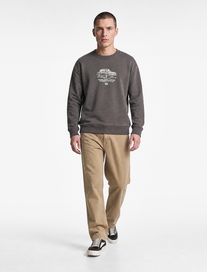  Üç İplik Şardonlu Uzun Kollu Bisiklet Yaka Baskılı Sweatshirt