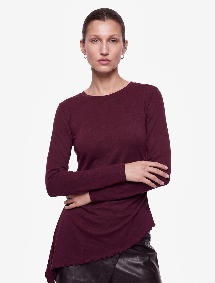  Pamuklu Bisiklet Yaka Uzun Kollu Slim Fit Drapeli Mürdüm Rengi Asimetrik Bluz