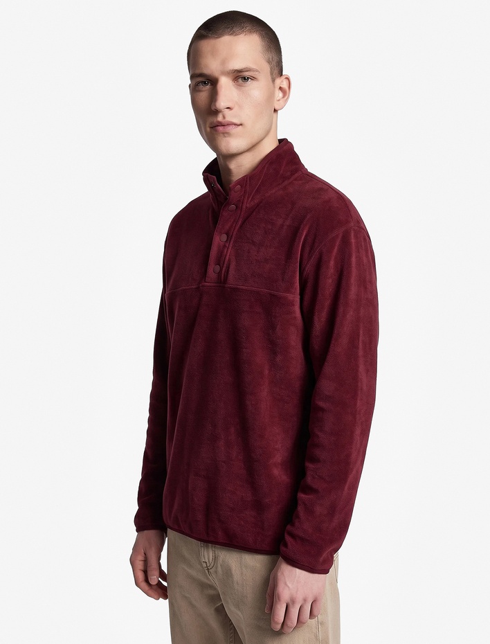  Uzun Kollu Dikiş Detaylı Çıtçıtlı Dik Yaka Polar Sweatshirt
