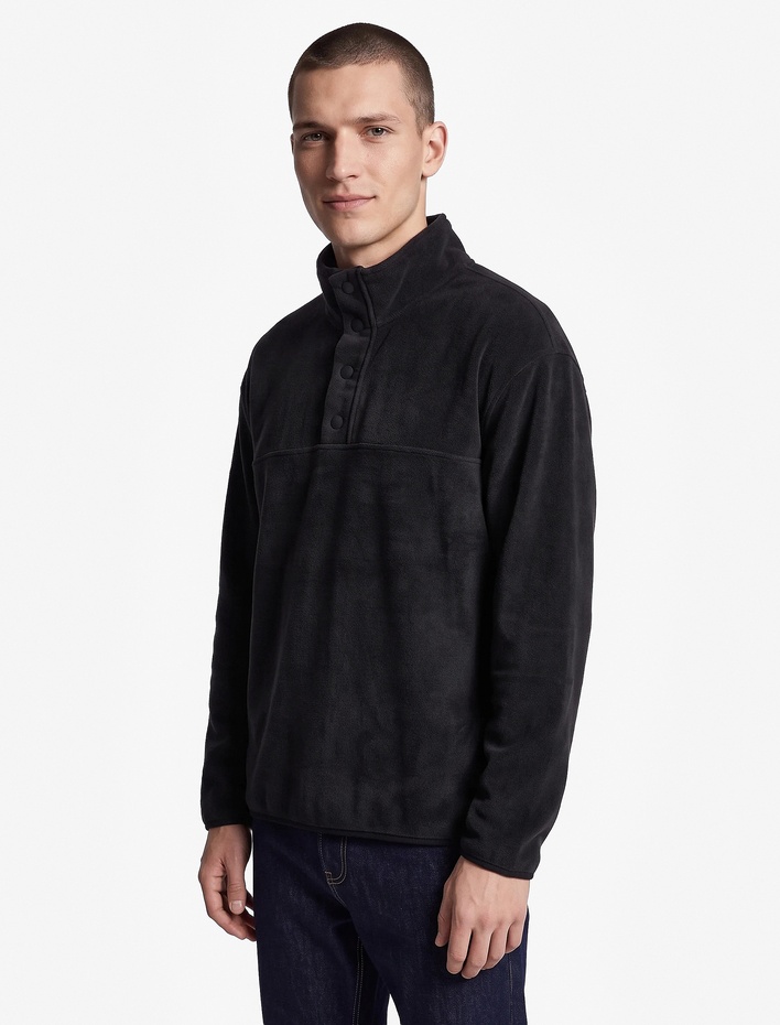  Uzun Kollu Dikiş Detaylı Çıtçıtlı Dik Yaka Polar Sweatshirt