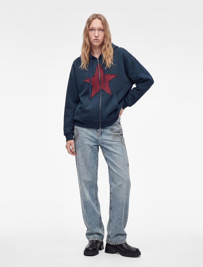  Üç İplik Şardonlu Yıldız İşlemeli Kanguru Cepli Kapüşonlu Fermuarlı Oversize Sweatshirt