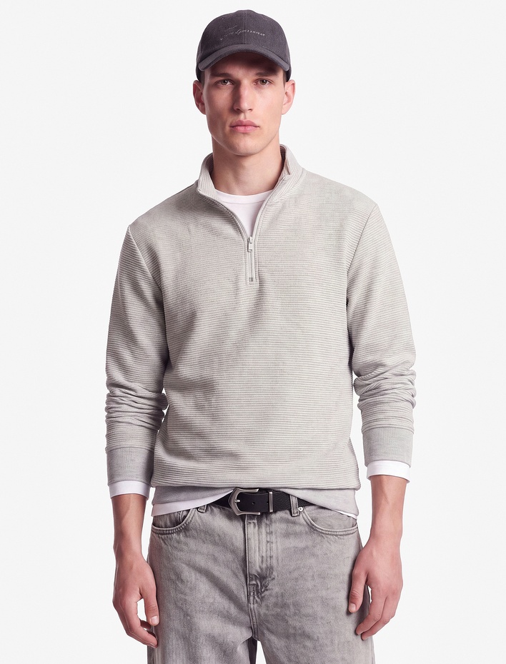  Şardonlu Uzun Kollu Dokulu Yarım Fermuarlı Sweatshirt