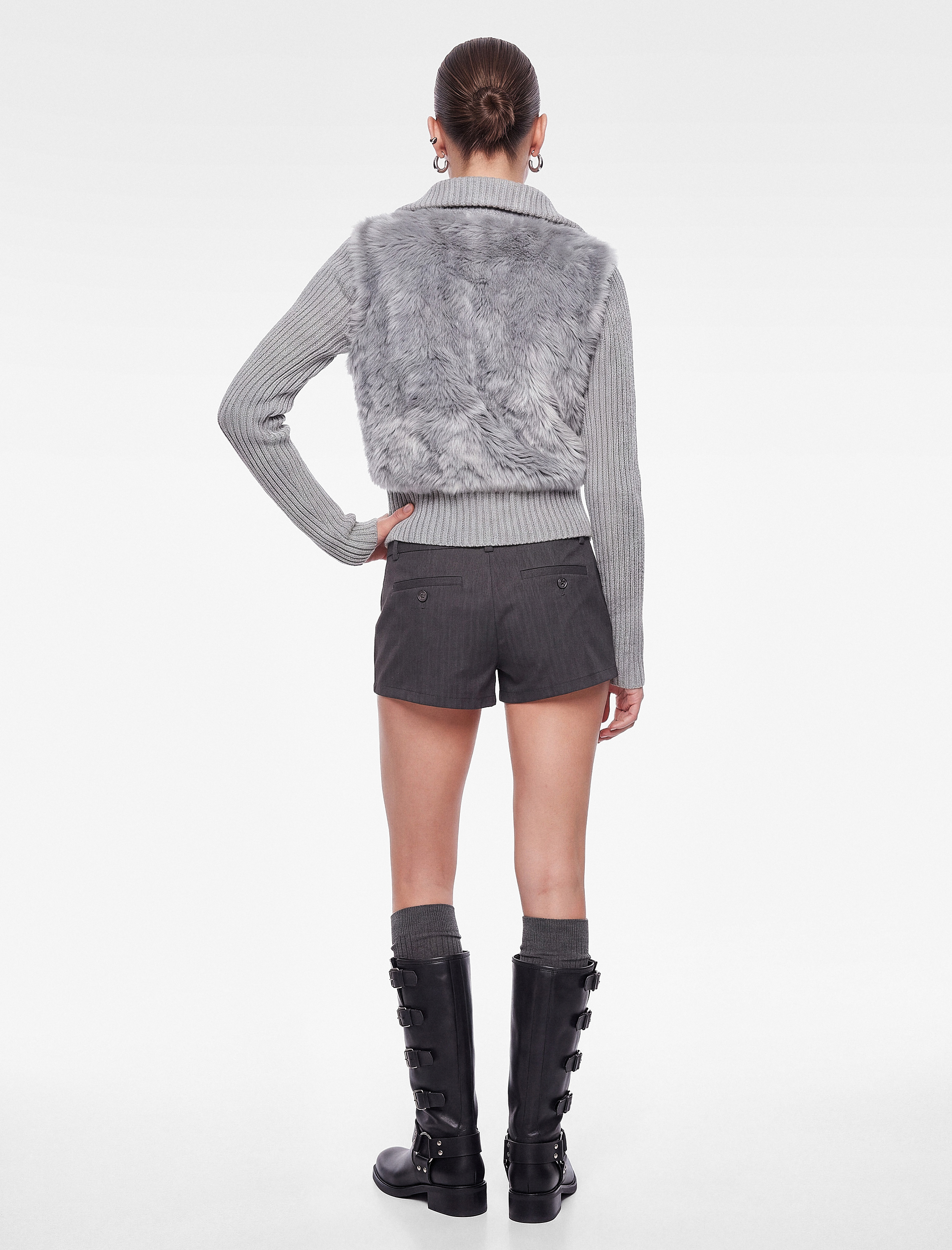   Slim Fit Triko Dik Yaka Fermuarlı Suni Kürk Hırka